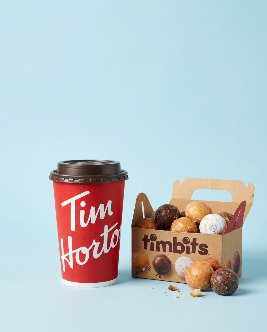 Tim Hortons concept ad: cup and Timbits box on a blue background