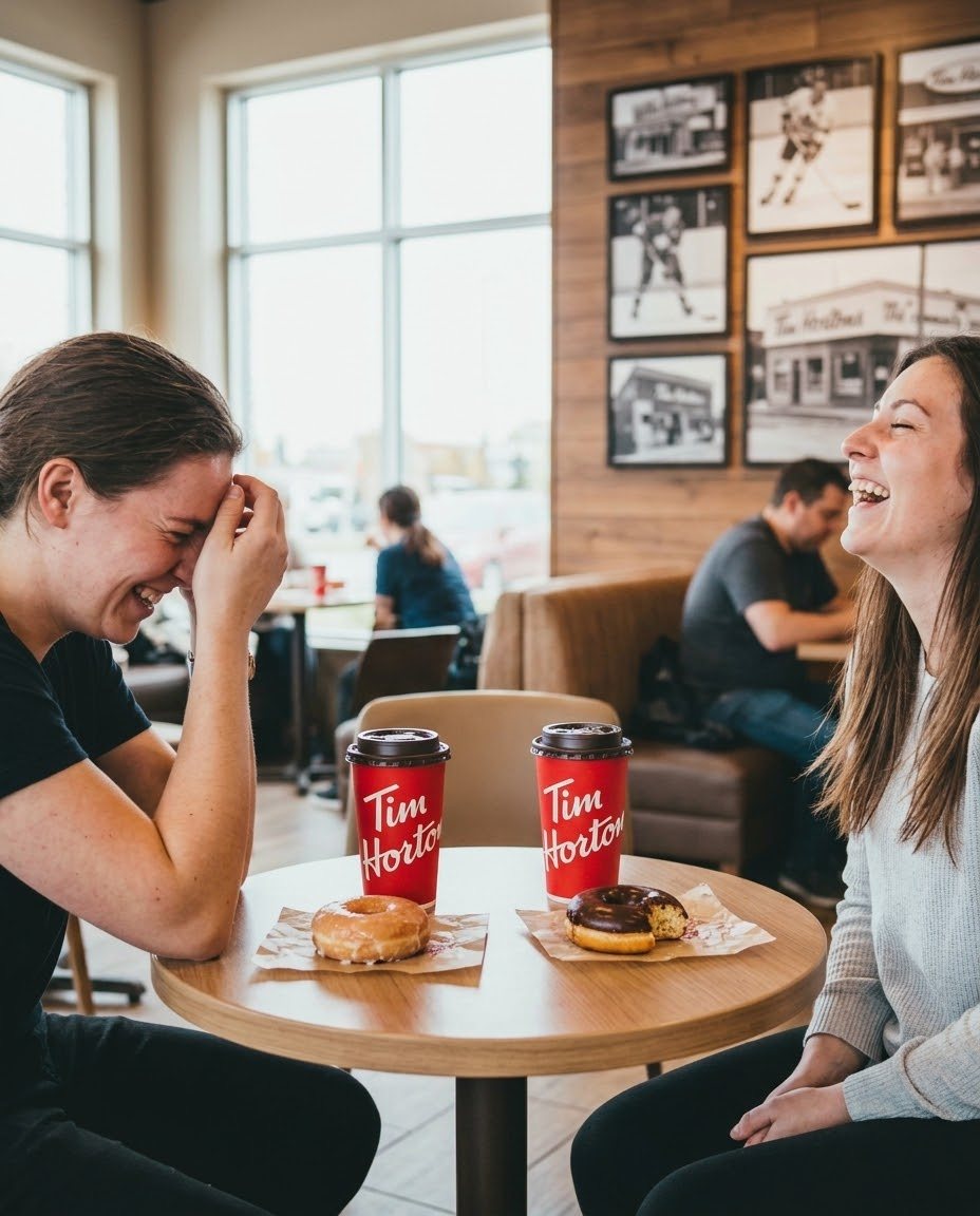 Tim Hortons concept: friends laughing over coffee in a cafe