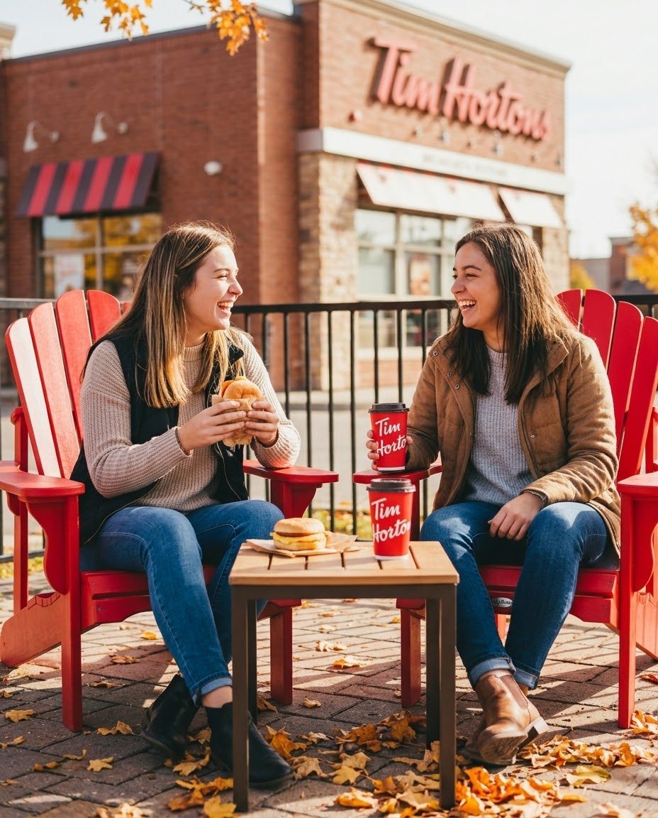 Tim Hortons concept campaign: friends on red Muskoka chairs outside a Tim Hortons in autumn